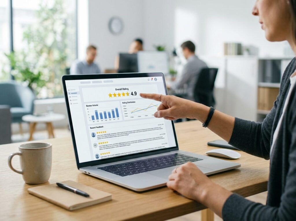 Review management dashboard showing a 4.9-star overall rating, review volume, and recent customer feedback