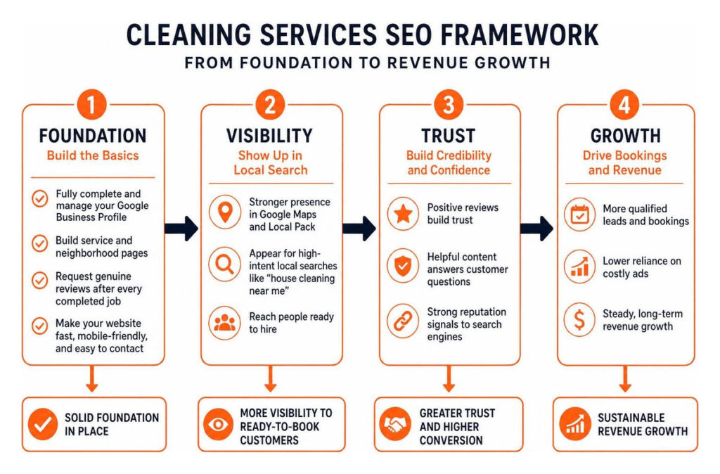 Step by step SEO framework showing the progression from foundation to revenue growth