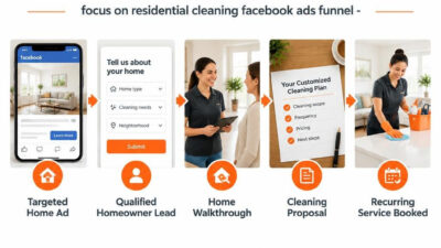 residential cleaning Facebook ads funnel from targeted home-service ad to qualified homeowner lead, home walkthrough, recurring cleaning pro